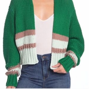 Free People Glow For It Green and Tan Oversized Cropped Cardigan